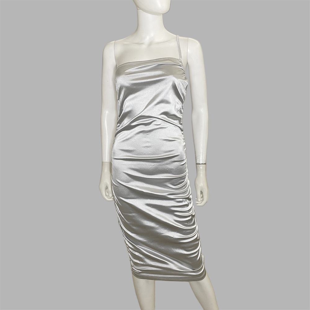Elegant Silver Ruched One Shoulder Satin Dress - Picture 1 of 5